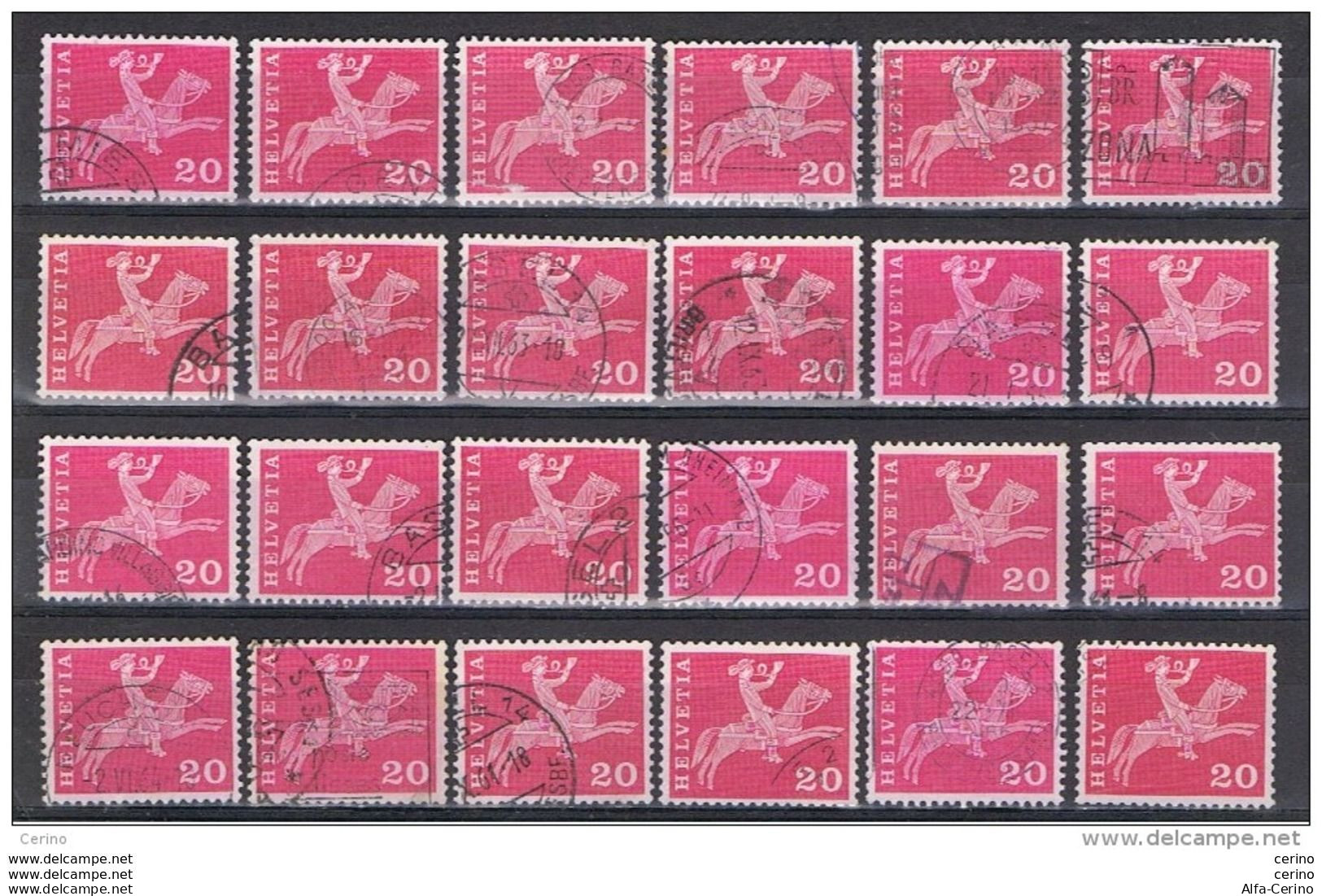 SVIZZERA:  1960/63  CORRIERE  A  CAVALLO  -  20 C. CARMINIO  US. -  RIPETUTO  24  VOLTE  -  YV/TELL. 646 - Usati