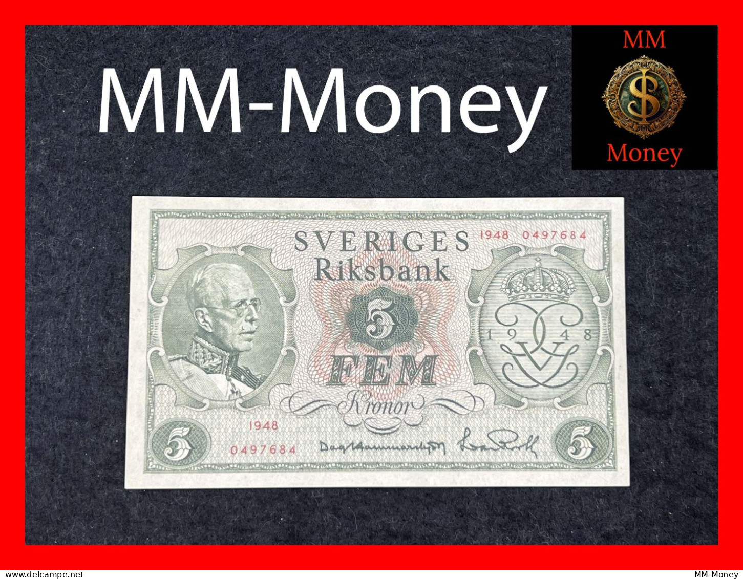 SWEDEN  5 Kronor  1948   P. 41  *commemorative 90th Birthday Of King Gustav V*    XF - Sweden