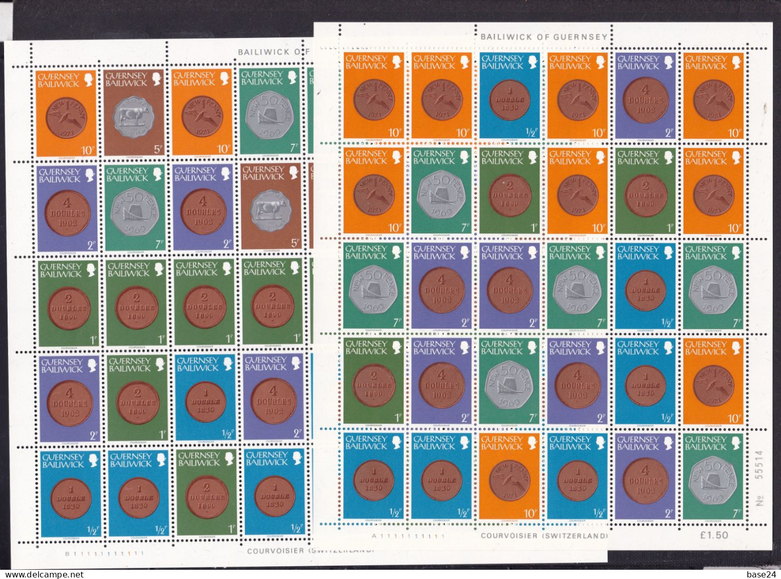 1979 Guernsey MONETE - COINS - MONNAIE 2 Fogli (40 + 30 Valori) MNH** 2 Sheets - Monnaies