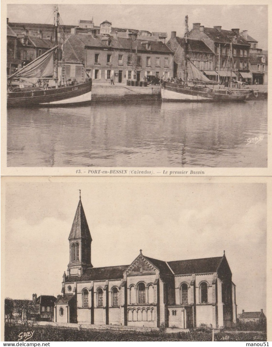 PORT EN BESSIN - 2 CPA :  Le Premier Bassin - L'église - Port-en-Bessin-Huppain