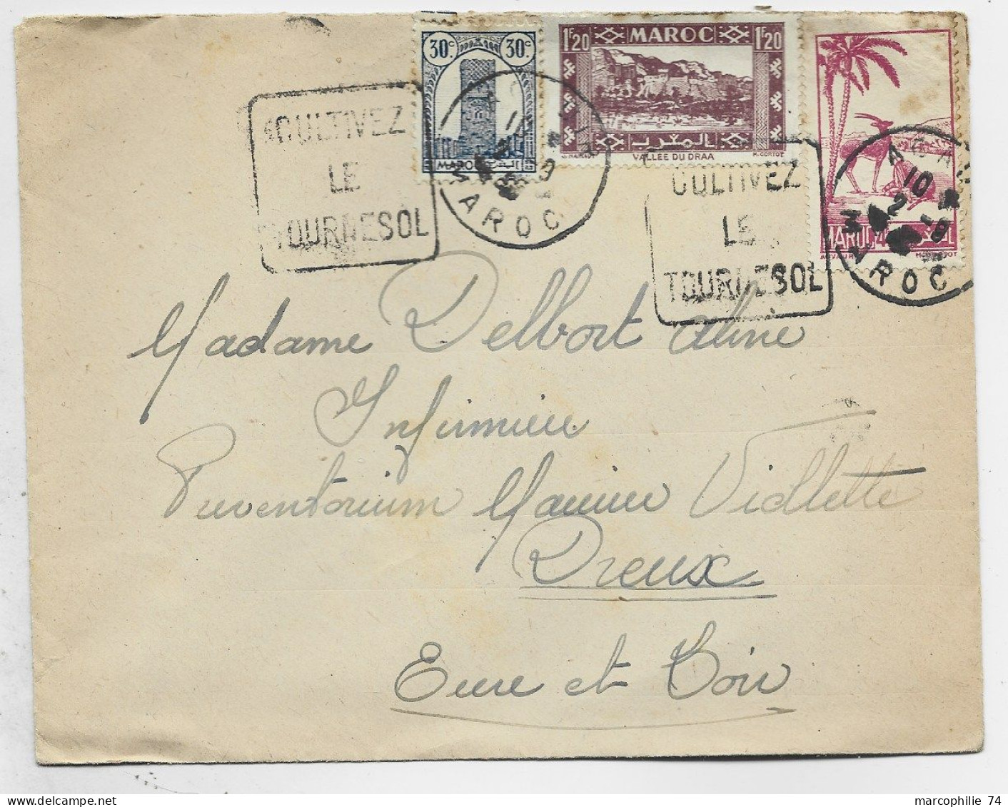 TUNISIE 30C+1FR20+4FR50 LETTRE DAGUIN CULTIVEZ LE TOURNESOL 1947 AGADIR - Cartas & Documentos