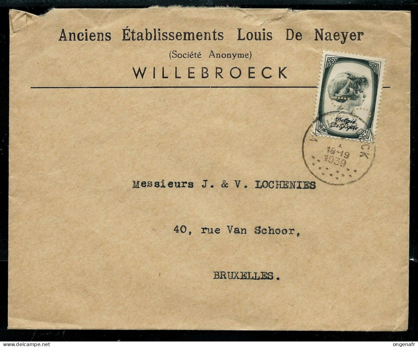 Env (Ent.)  Avec  N° 491 -  Seul - Obl. WILLEBROECK  1939 ( Timbre Perforé !!) - Covers & Documents