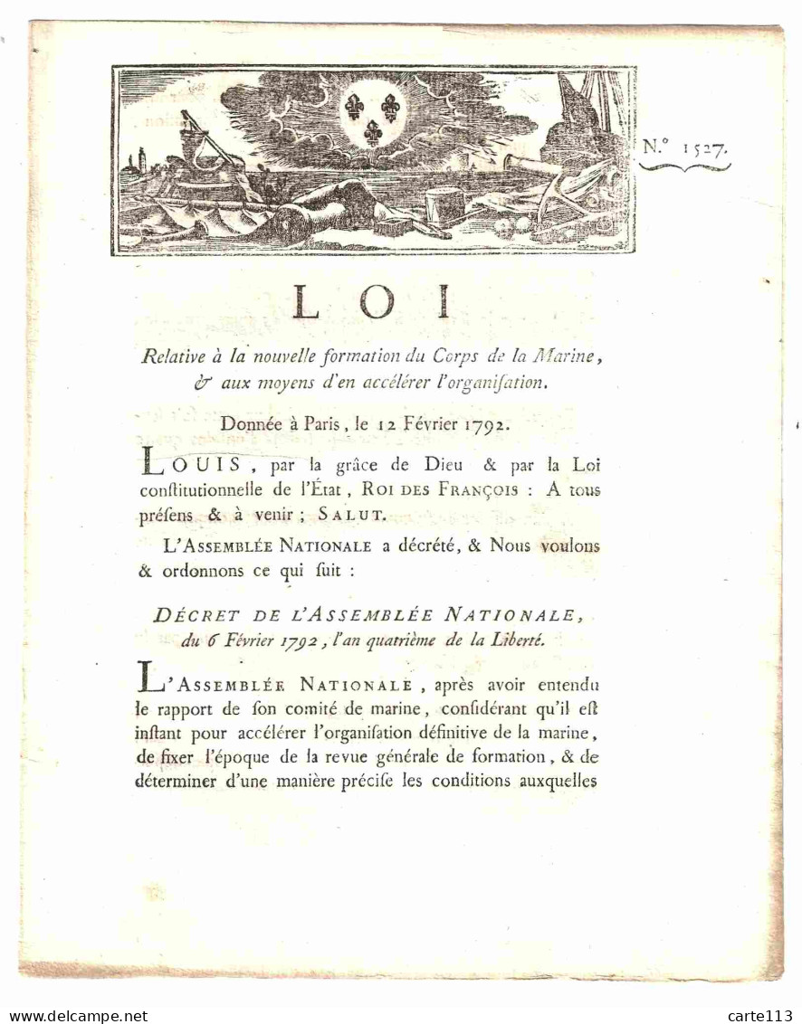 LOUIS  - LOI RELATIVE A LA NOUVELLE FORMATION DU CORPS DE LA MARINE - 1701-1800