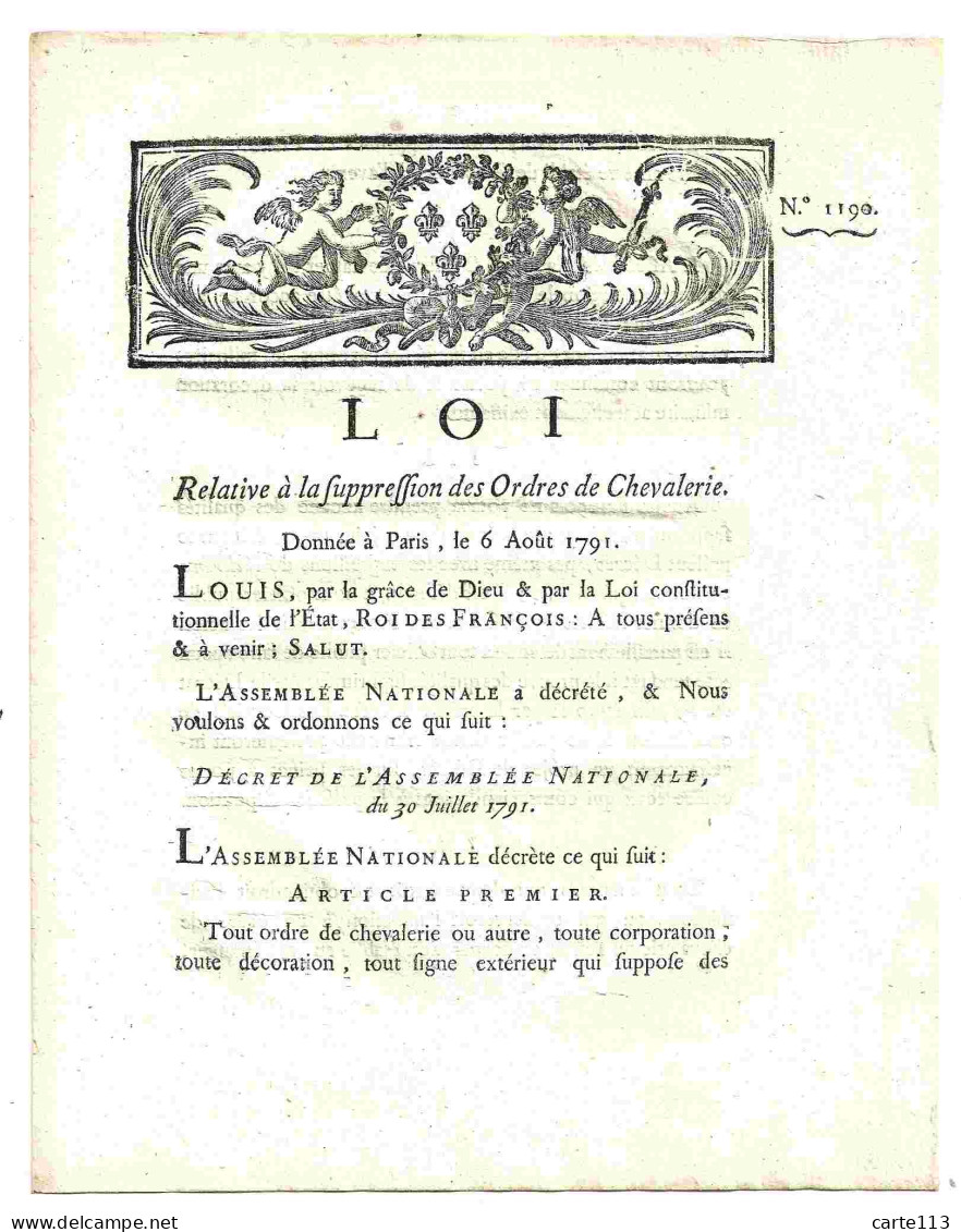 DU PORT  L.F. - LOI RELATIVE A LA SUPPRESSION DES ORDRES DE CHEVALERIE - 1701-1800