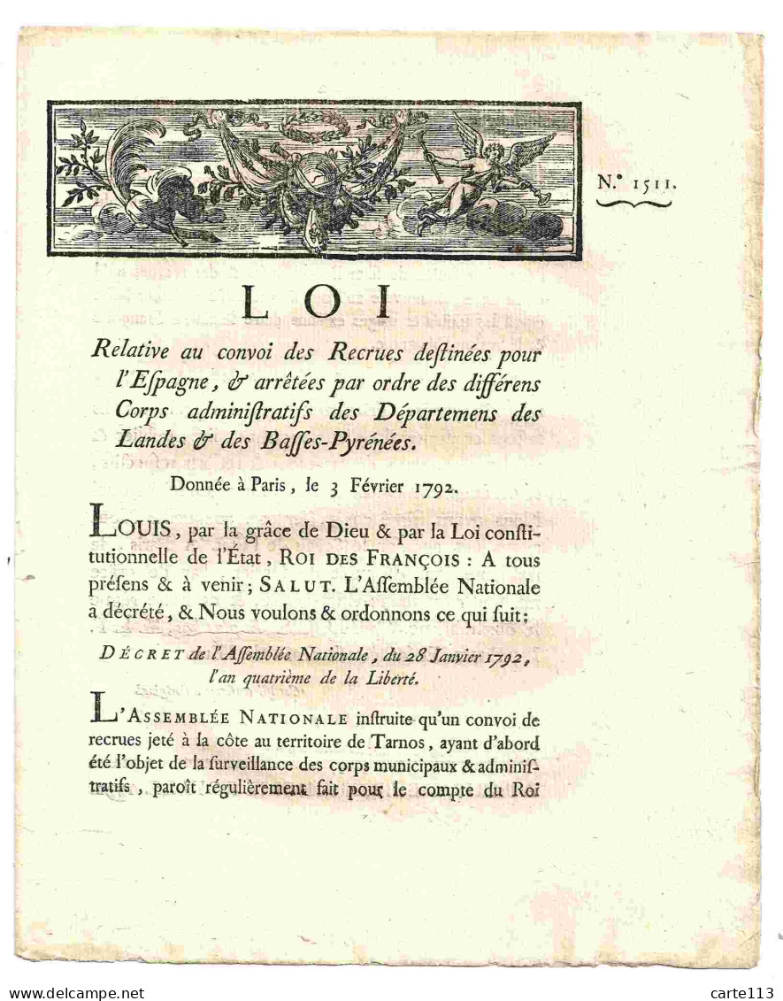 LOUIS  - LOI RELATIVE AU CONVOI DES RECRUES DESTINEES POUR L'ESPAGNE - 1701-1800
