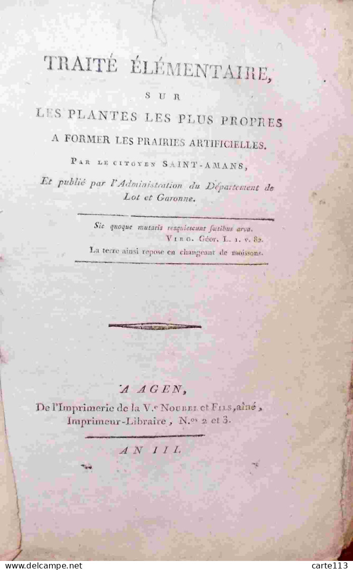 SAINT-AMANS Jean-Florimond Boudon De - TRAITE ELEMENTAIRE SUR LES PLANTES LES PLUS PROPRES A FORMER LES PRAI - 1701-1800