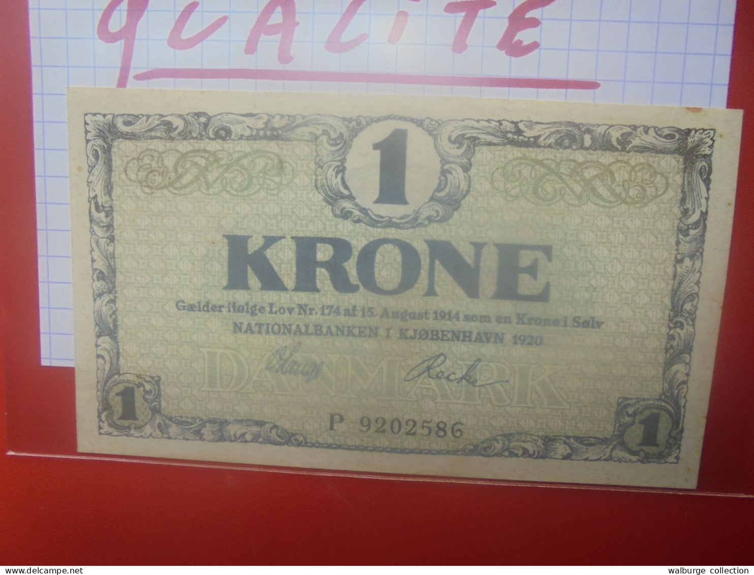 DANEMARK 1 KRONE 1920 Préfix "P" Peu Circuler Belle Qualité (B.33) - Danemark