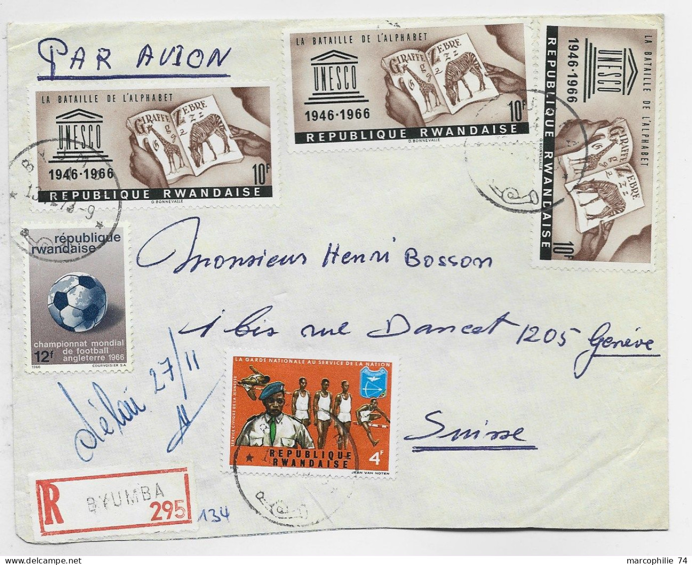 RWANDA UNESCO 10FRX3+4FR+ 12FR SOCCER FOOTBALL LETTRE COVER REC AVION SYUMBA 1973 TO SUISSE - Briefe U. Dokumente