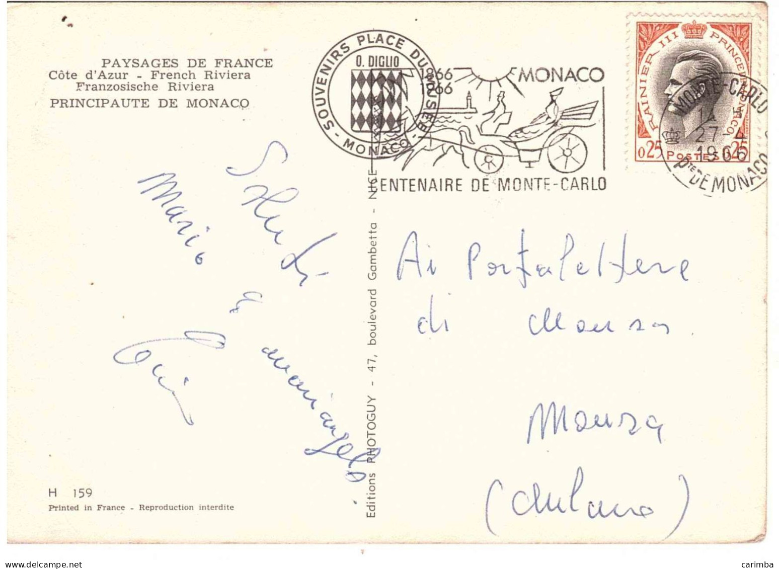 CARTOLINA MONACO PER ITALIA CON ANNULLO TARGHETTA - Covers & Documents