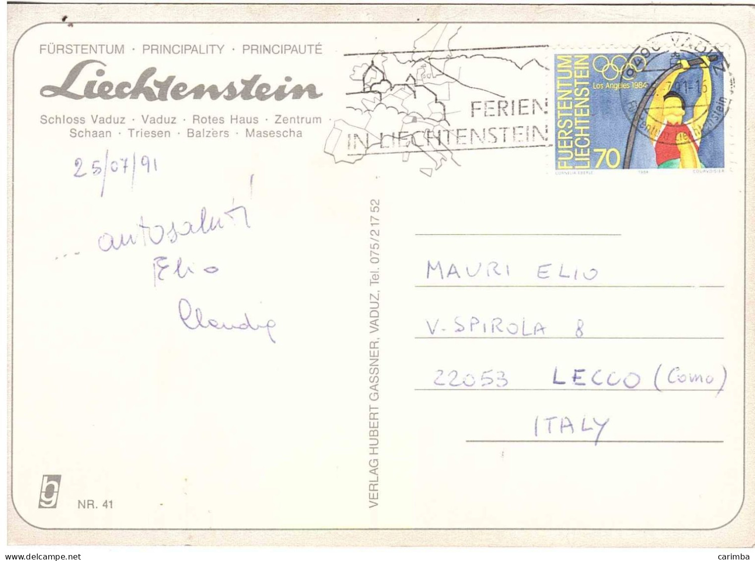 CARTOLINA PER ITALIA CON ANNULLO TARGHETTA LIECHTENSTEIN LOS ANGELES 1984 - Liechtenstein