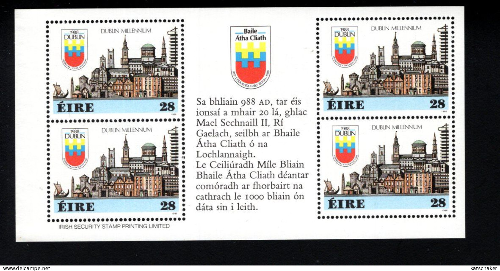 1997013155 1988  SCOTT 708A (XX) POSTFRIS  MINT NEVER HINGED -  BOOKLET PANE DUBLIN MILLENNIUM - Nuovi