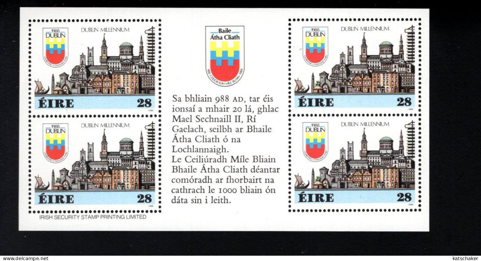 1997014337 1988  SCOTT 708A (XX) POSTFRIS  MINT NEVER HINGED -  BOOKLET PANE DUBLIN MILLENNIUM - Unused Stamps