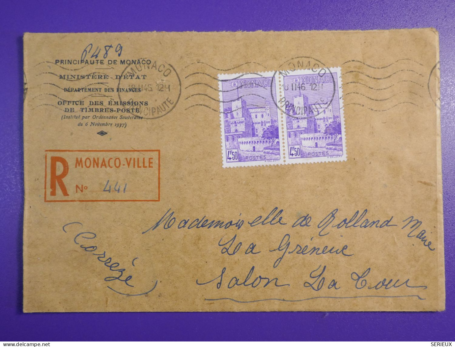 DM3 MONACO   BELLE LETTRE  1945 MINISTERE D ETAT A SALON +PAIRE ++AFF.    INTERESSANT+ + - Briefe U. Dokumente