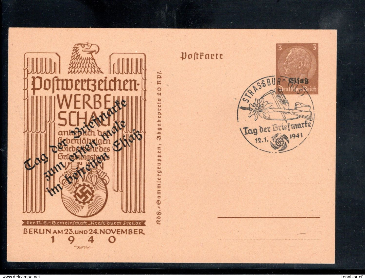 1941 , Alsace , 3 Et 6 Pfg.  2 Cartes  Surchargee Elsass  Et Surchargee " Tag Der Briefmarke .. " Rare !! #1722 - Cartas & Documentos