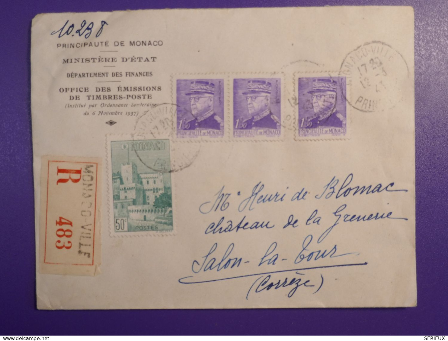 DM3 MONACO   BELLE LETTRE  1943 MINISTERE D ETAT A SALON +PAIRE ++AFF.    INTERESSANT+ + - Covers & Documents