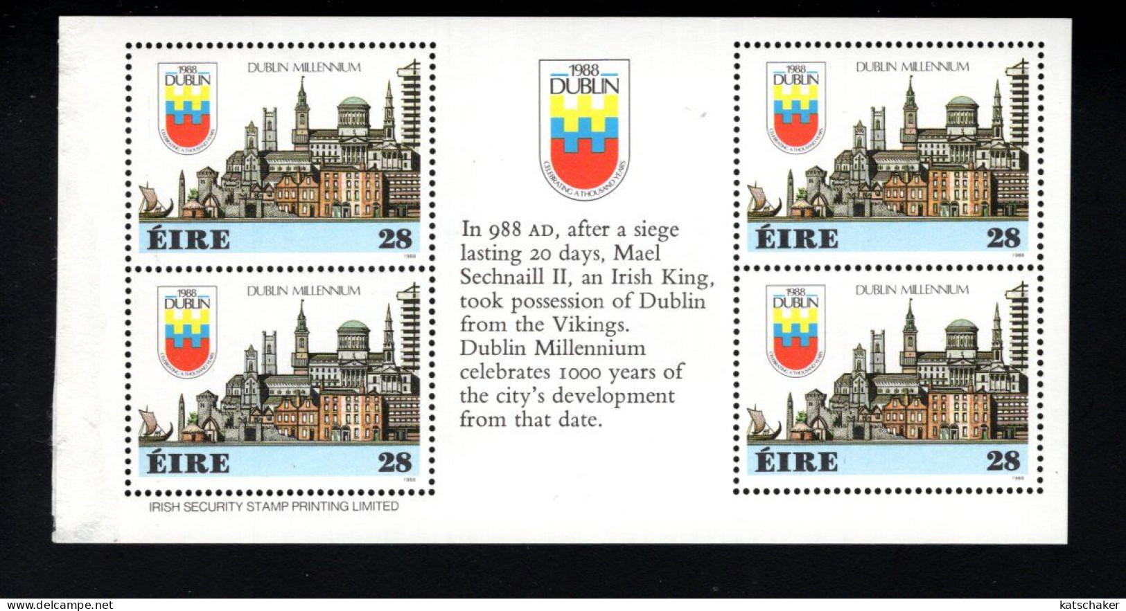 1997017031 1988  SCOTT 708B (XX) POSTFRIS  MINT NEVER HINGED -  BOOKLET PANE DUBLIN MILLENNIUM - Neufs