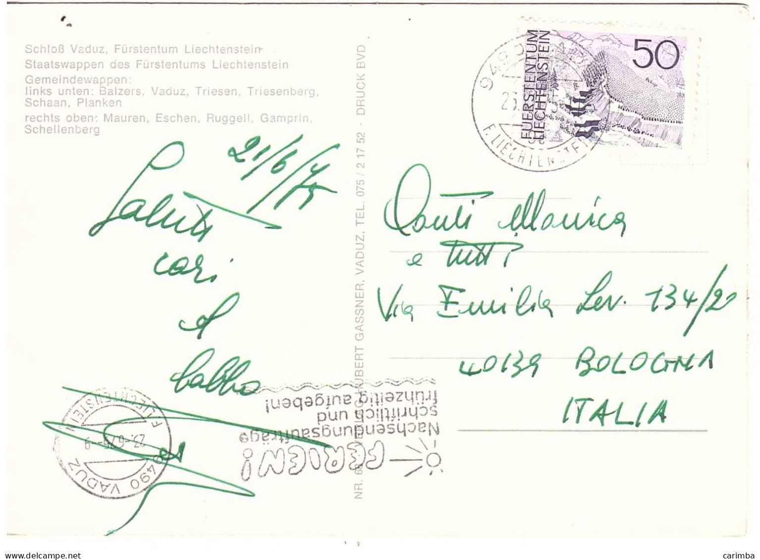 CARTOLINA PER ITALIA CON ANNULLO TARGHETTA LIECHTENSTEIN - Storia Postale