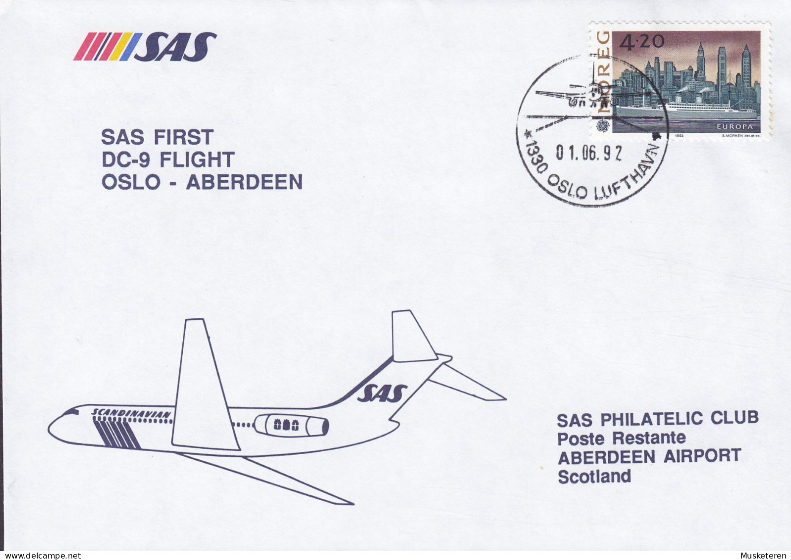 Norway SAS First DC-9 Flight OSLO-ABERDEEN 1992 Cover Brief Lettre Europa CEPT Stamp (2 Scans) - Brieven En Documenten