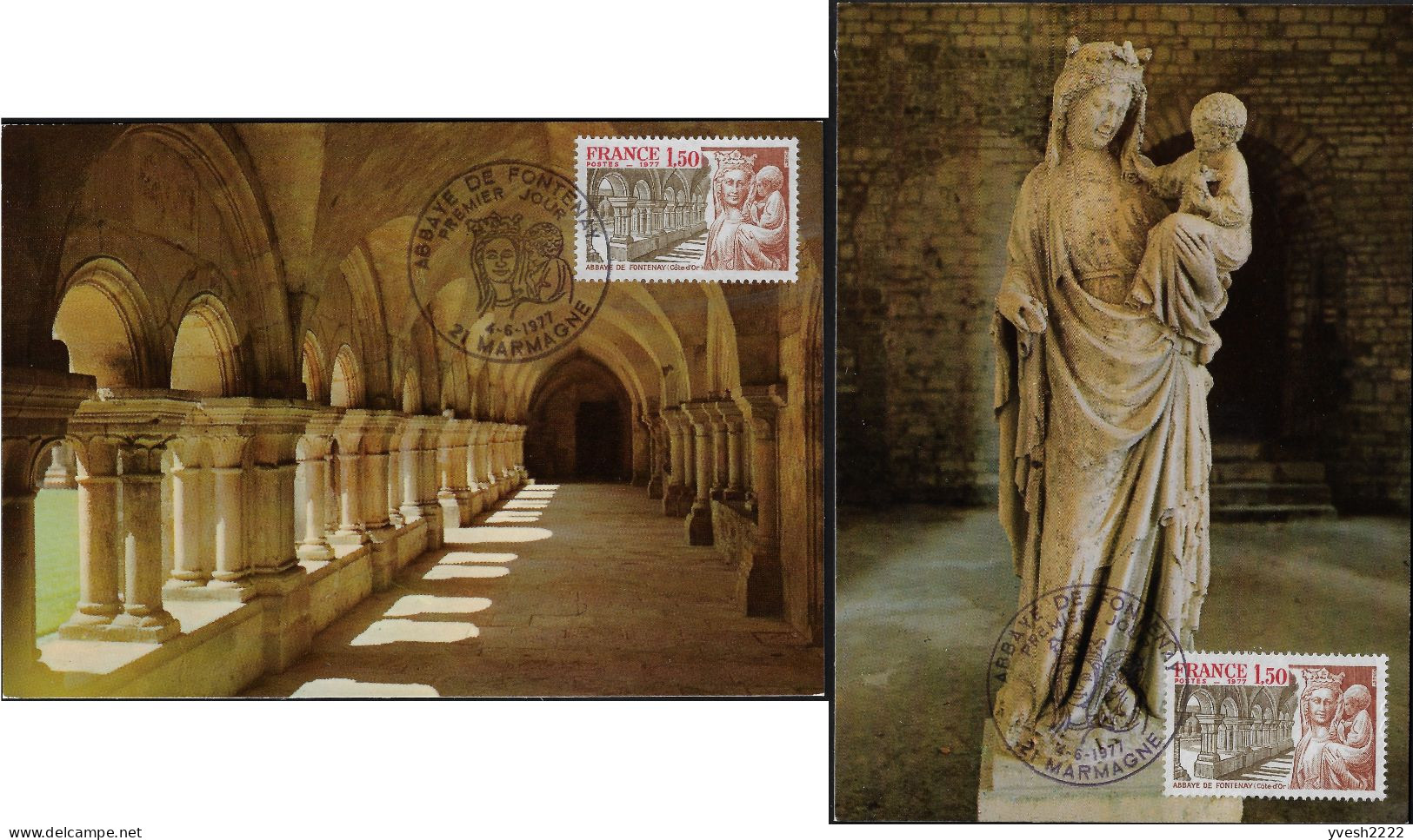 France 1977 Y&T 1938 Sur 2 Cartes Maxima. Abbaye Cistercienne De Fontenay. Cloître Et Statue De La Vierge. Marmagne - Abbazie E Monasteri