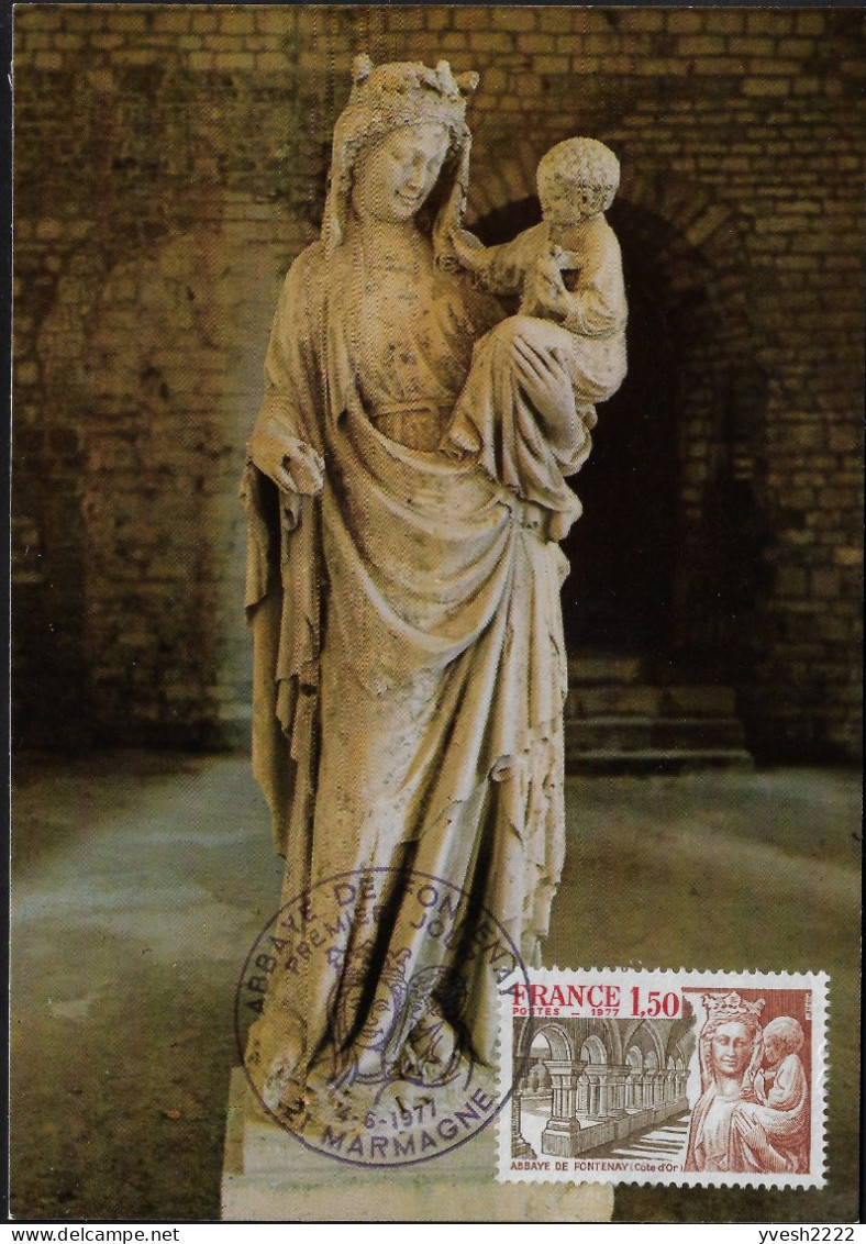 France 1977 Y&T 1938 Sur 2 Cartes Maxima. Abbaye Cistercienne De Fontenay. Cloître Et Statue De La Vierge. Marmagne - Abdijen En Kloosters