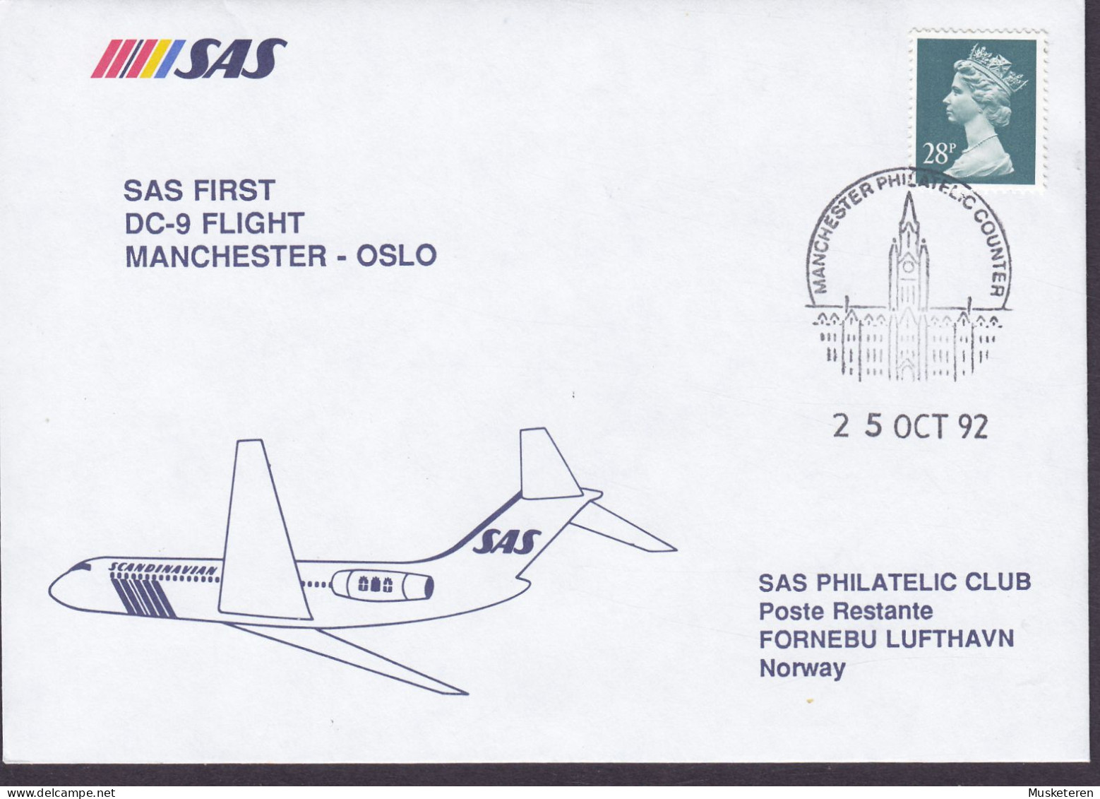 Great Britain SAS First DC-9 Flight MANCHESTER-OSLO 1992 Cover Brief Lettre QEII. 28p. Stamp (2 Scans) - Storia Postale