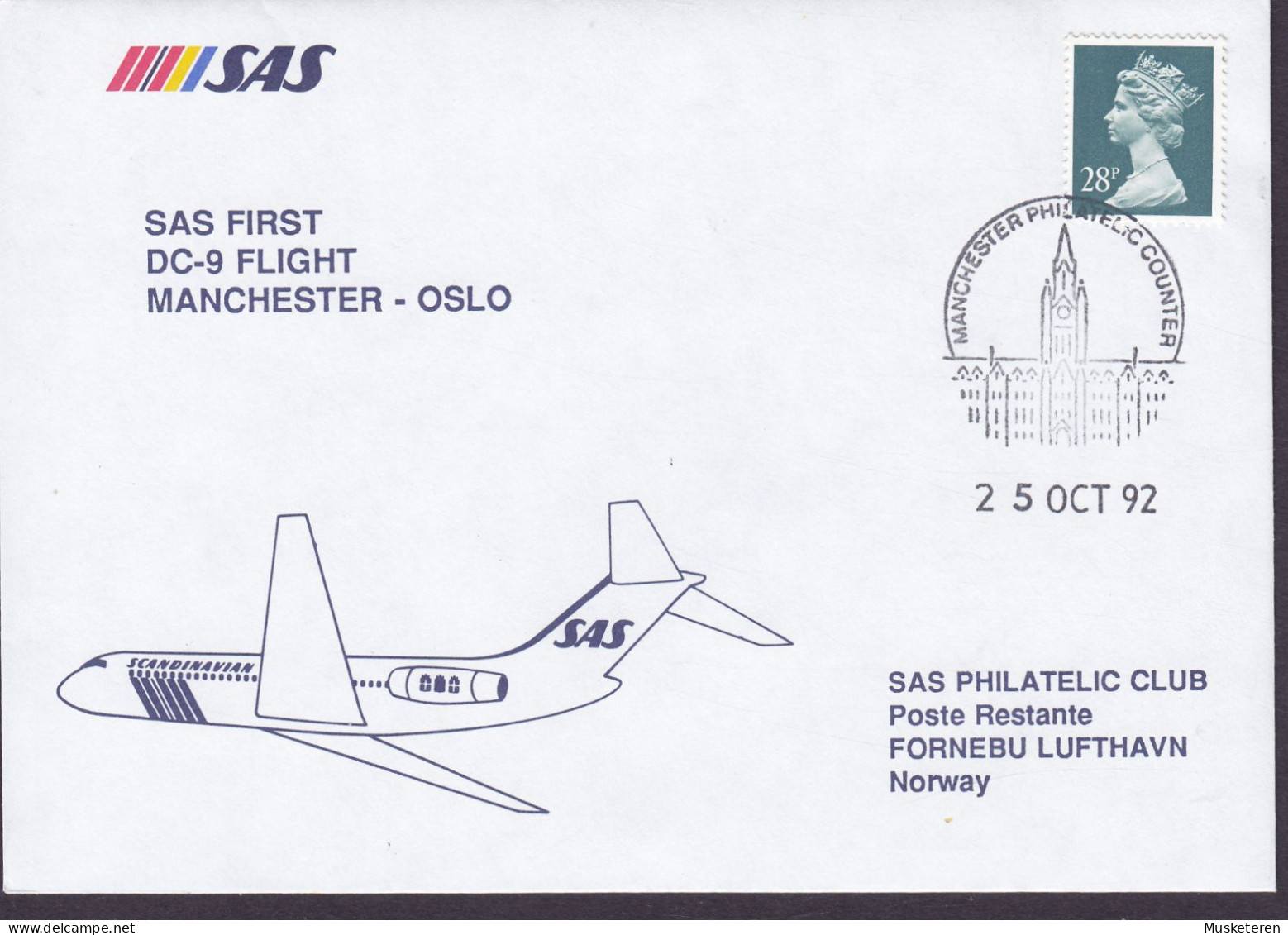Great Britain SAS First DC-9 Flight MANCHESTER-OSLO 1992 Cover Brief Lettre QEII. 28p. Stamp (2 Scans) - Covers & Documents