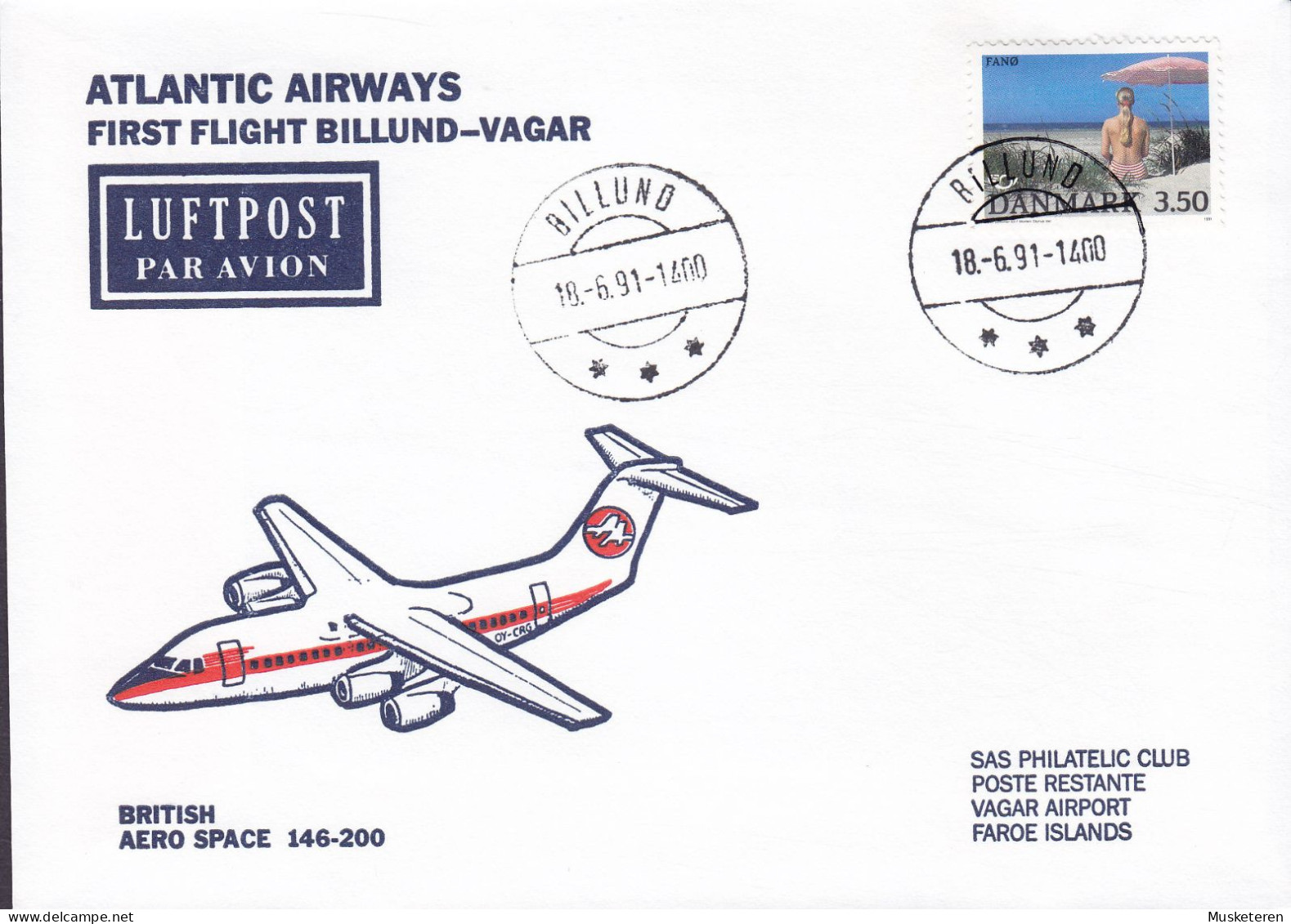 Denmark ATLANTIC AIRWAYS First British Aero Space Flight BILLUND-VAGAR Faroe Islands 1991 Cover Brief Lettre - Cartas & Documentos