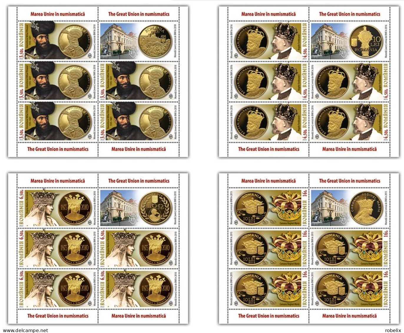 ROMANIA 2022  THE GREAT UNION IN NUMISMATICS - Gold Coins, Kings  - Sheetlets 5 Samps + 1 Label  MNH** - Monnaies