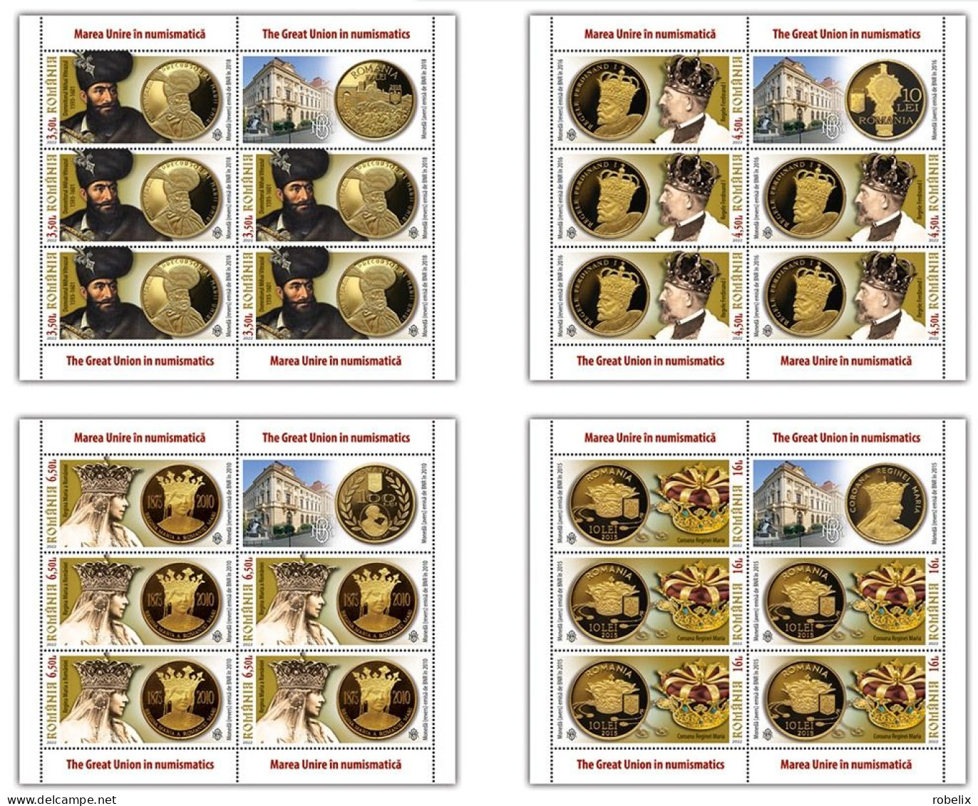 ROMANIA 2022  THE GREAT UNION IN NUMISMATICS - Gold Coins, Kings  - Sheetlets 5 Samps + 1 Label  MNH** - Monedas