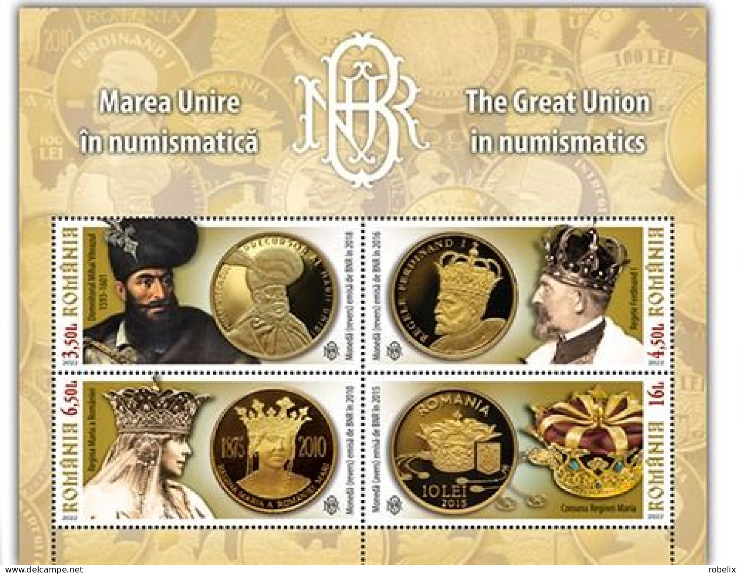 ROMANIA 2022  THE GREAT UNION IN NUMISMATICS - Gold Coins, Kings  - Perforated  Souvenir Sheet-Bloc   MNH** - Coins