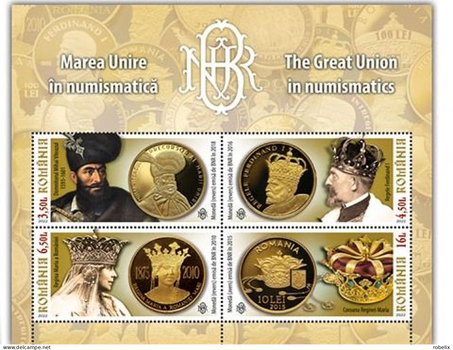 ROMANIA 2022  THE GREAT UNION IN NUMISMATICS - Gold Coins, Kings  - Perforated  Souvenir Sheet-Bloc   MNH** - Münzen