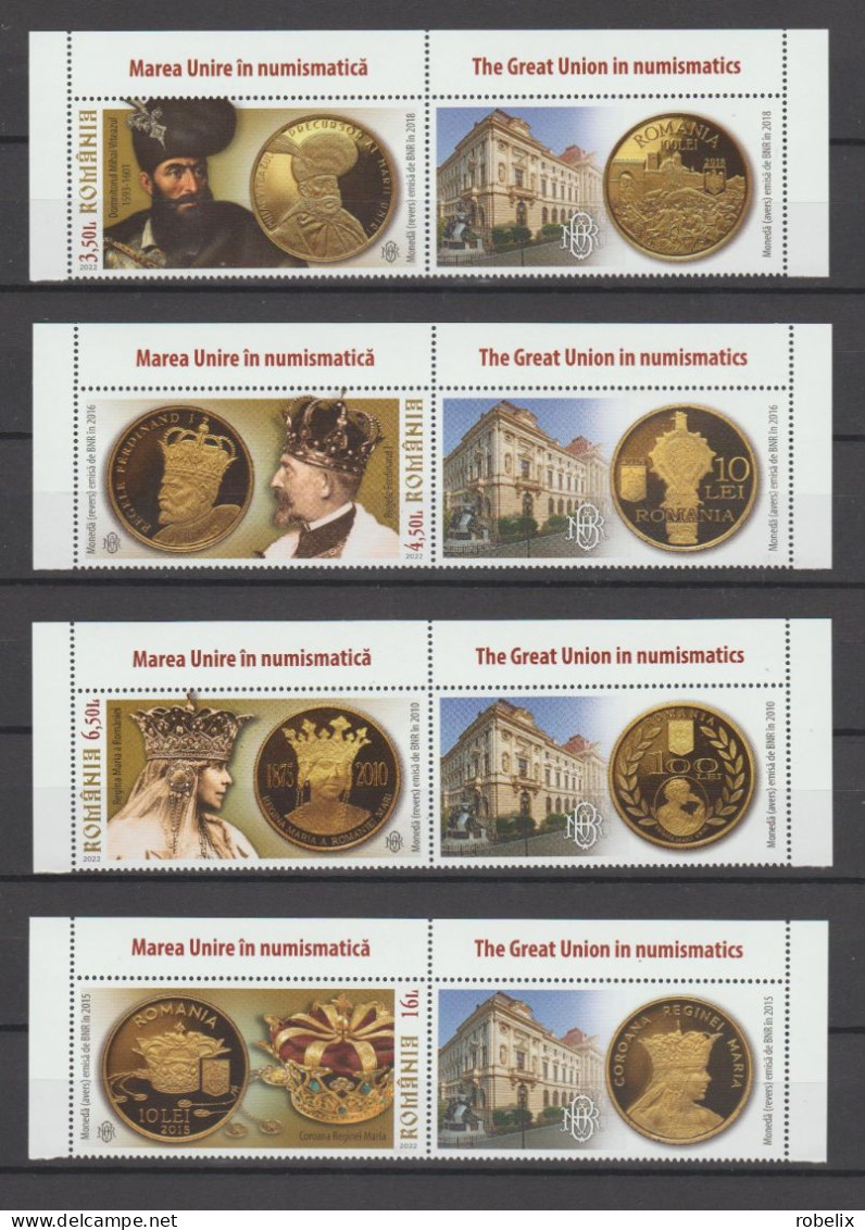 ROMANIA 2022  THE GREAT UNION IN NUMISMATICS - Gold Coins, Kings  - Set Of 4 Stamps With Labels  MNH** - Monnaies