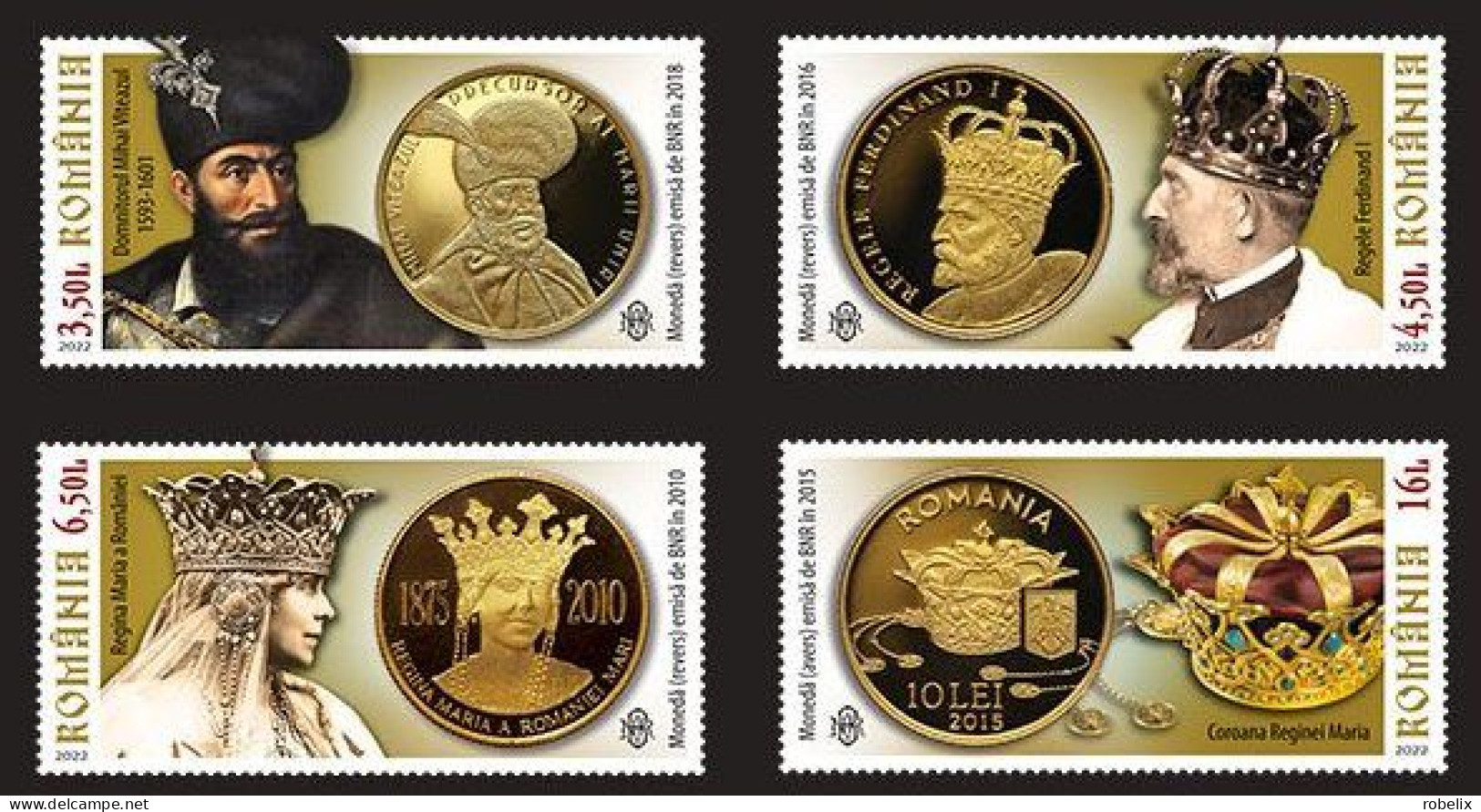 ROMANIA 2022  THE GREAT UNION IN NUMISMATICS - Gold Coins, Kings  - Set Of 4 Stamps   MNH** - Monete