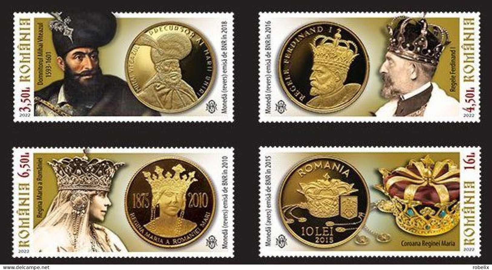 ROMANIA 2022  THE GREAT UNION IN NUMISMATICS - Gold Coins, Kings  - Set Of 4 Stamps   MNH** - Münzen