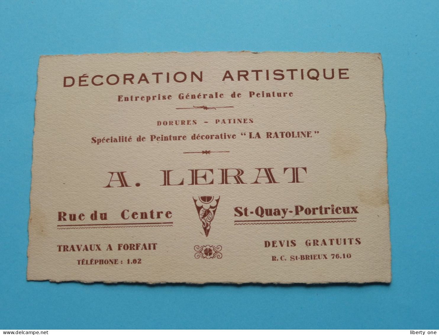 Décoration Artistique A. LERAT Rue Du Centre St.QUAY-PORTRIEUX ( Voir SCAN ) La FRANCE ! - Visiting Cards