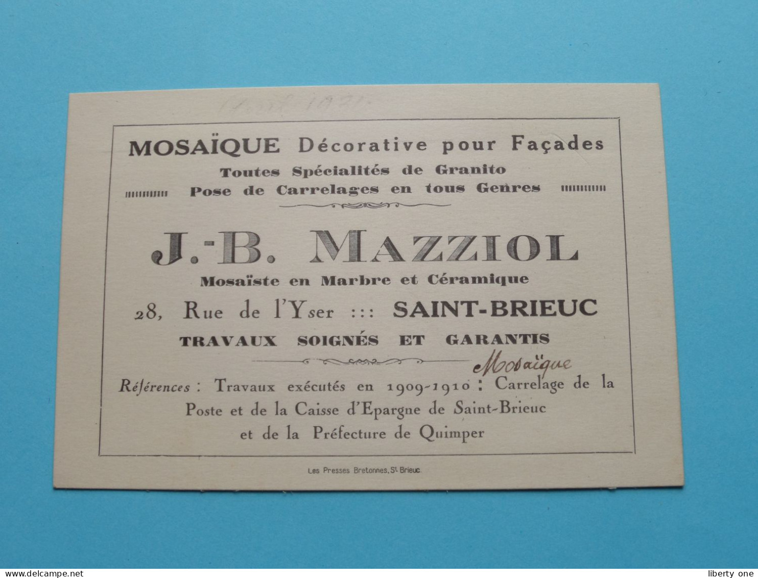 J.-B. MAZZIOL Mosaïste > Rue De L'YSER SAINT-BRIEUC ( Voir SCAN ) La FRANCE ! - Cartes De Visite