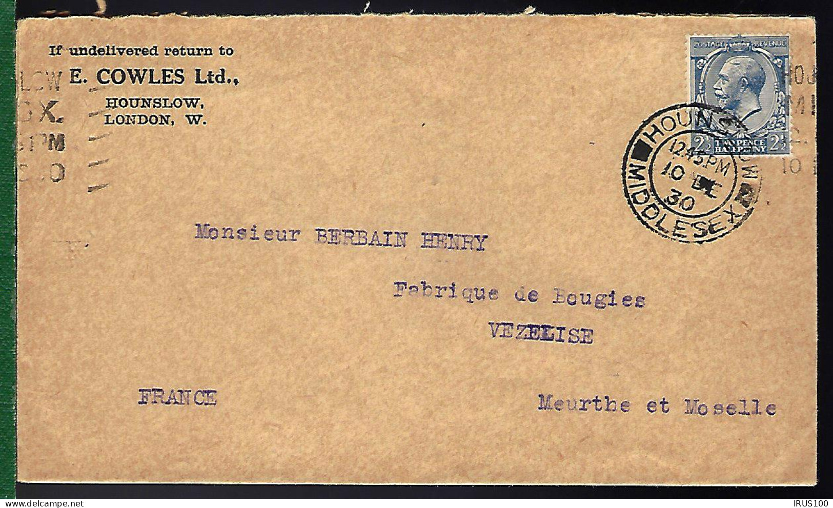 HOUNSLOW MIDDLESEX - 1930 - POUR VEZELISE MEURTHE ET MOSELLE - Covers & Documents