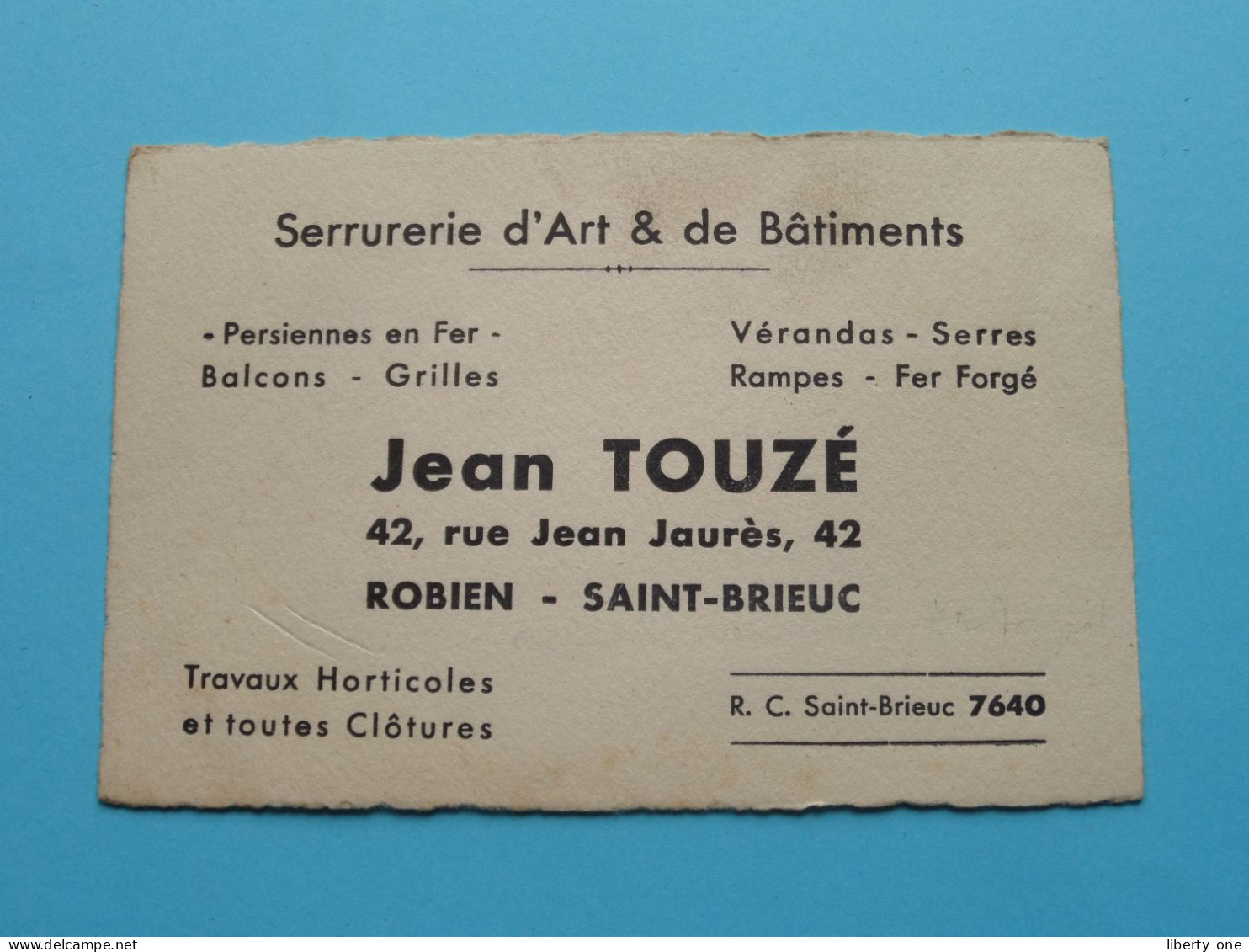 JEAN TOUZE (Touzé) > ROBIEN - SAINT-BRIEUC ( Voir SCAN ) La FRANCE ! - Visiting Cards