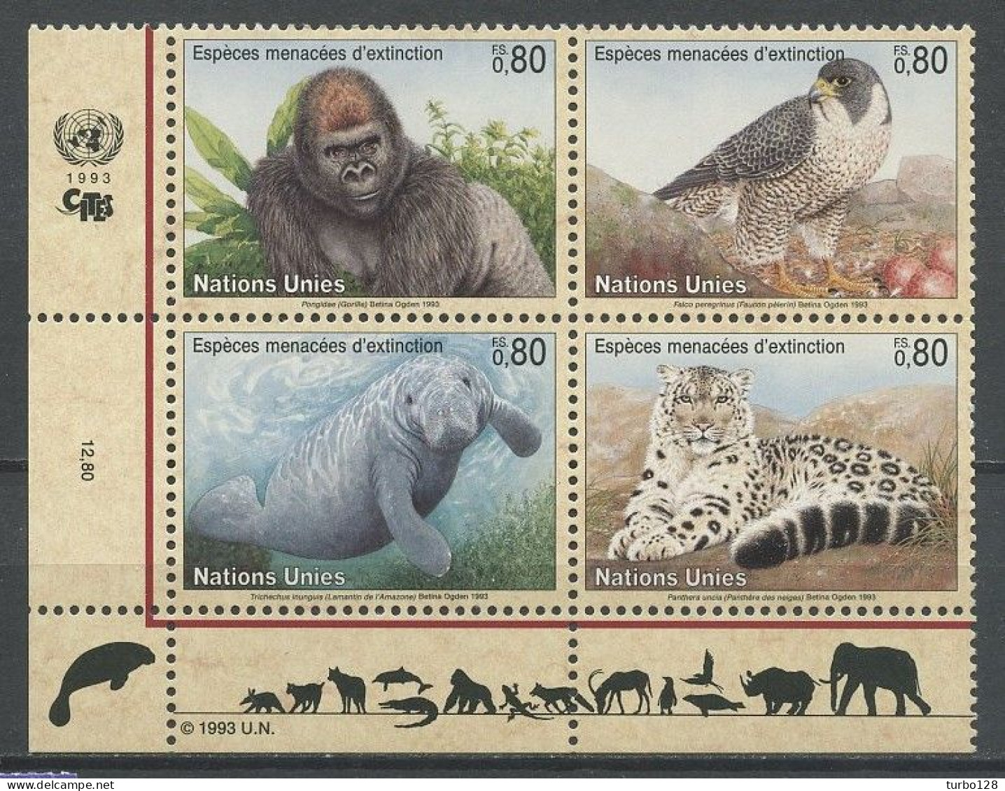 N.U. GENEVE 1993 N° 243/246 ** Neufs MNH  Superbes C 9.60 € Faune Animaux Protection Nature Gorille Oiseau Bird Falco - Neufs