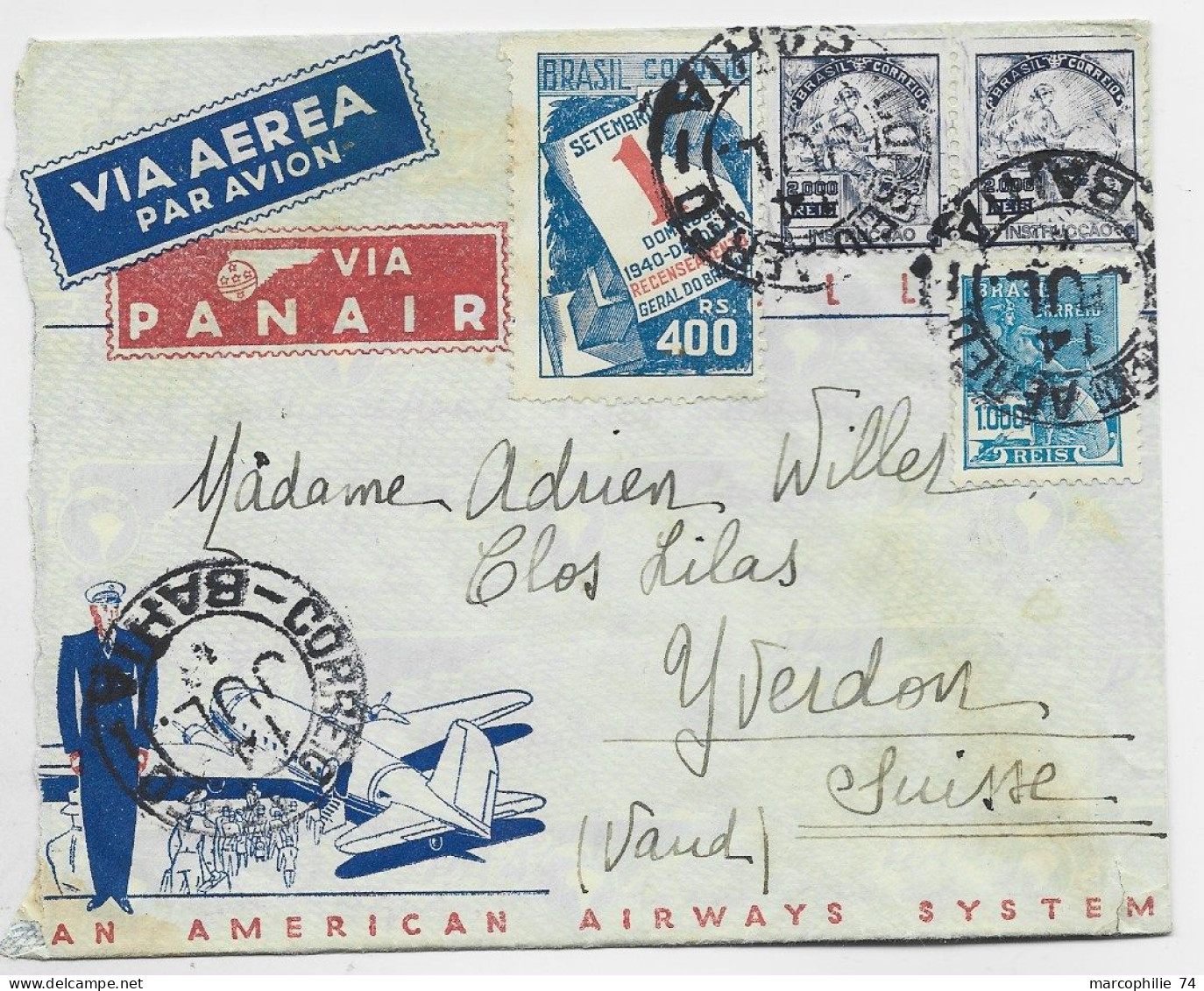 BRASIL BRESIL DIVERS LETTRE COVER PAN AMERICAN VIA PANAIR AVION BAHIA 1942 TO SUISSE - Lettres & Documents