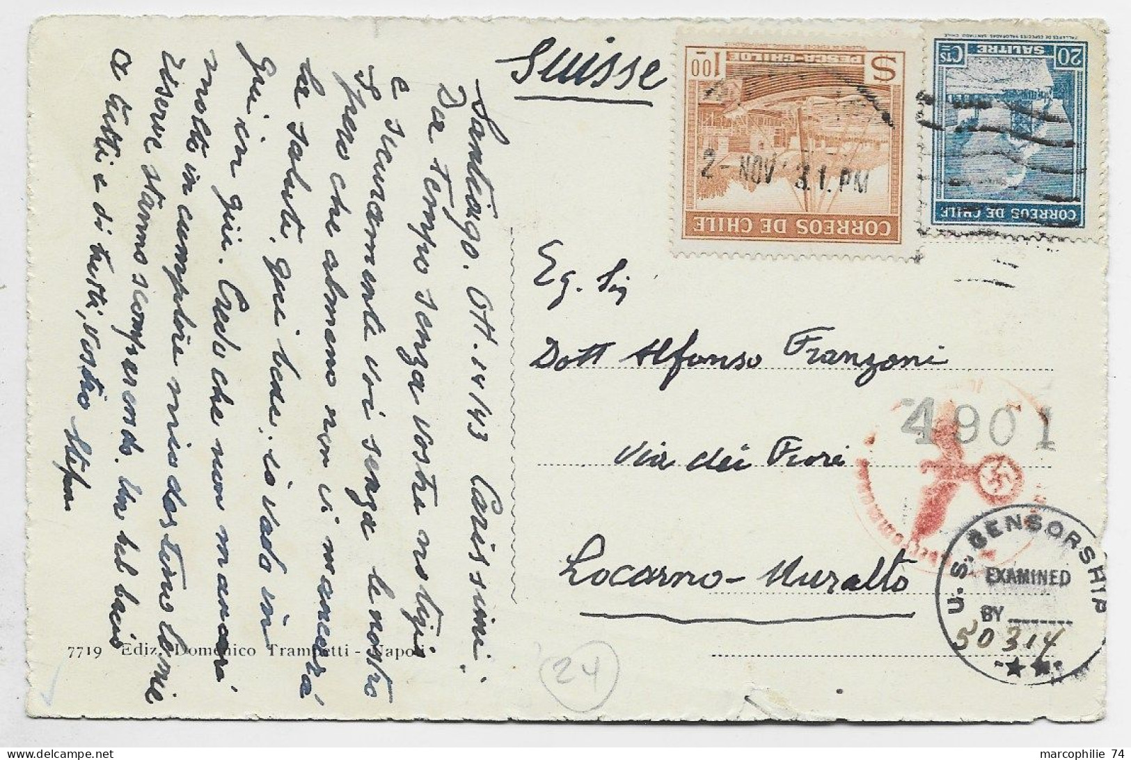 CHILE CHILI 1.00+20C TARJETA POSTAL ITALIA POSTEE SANTIAGO 1943 TO SUISSE CENSOR + CENSURE NAZI - Chile