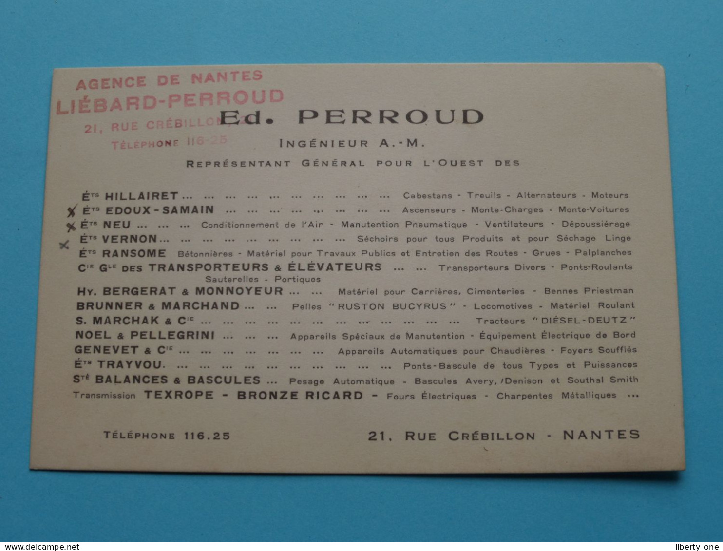 Ed. PERROUD Ingénieur A.-M.> NANTES Agence Liébard-Perroud ( Voir SCAN ) La FRANCE ! - Visitekaartjes