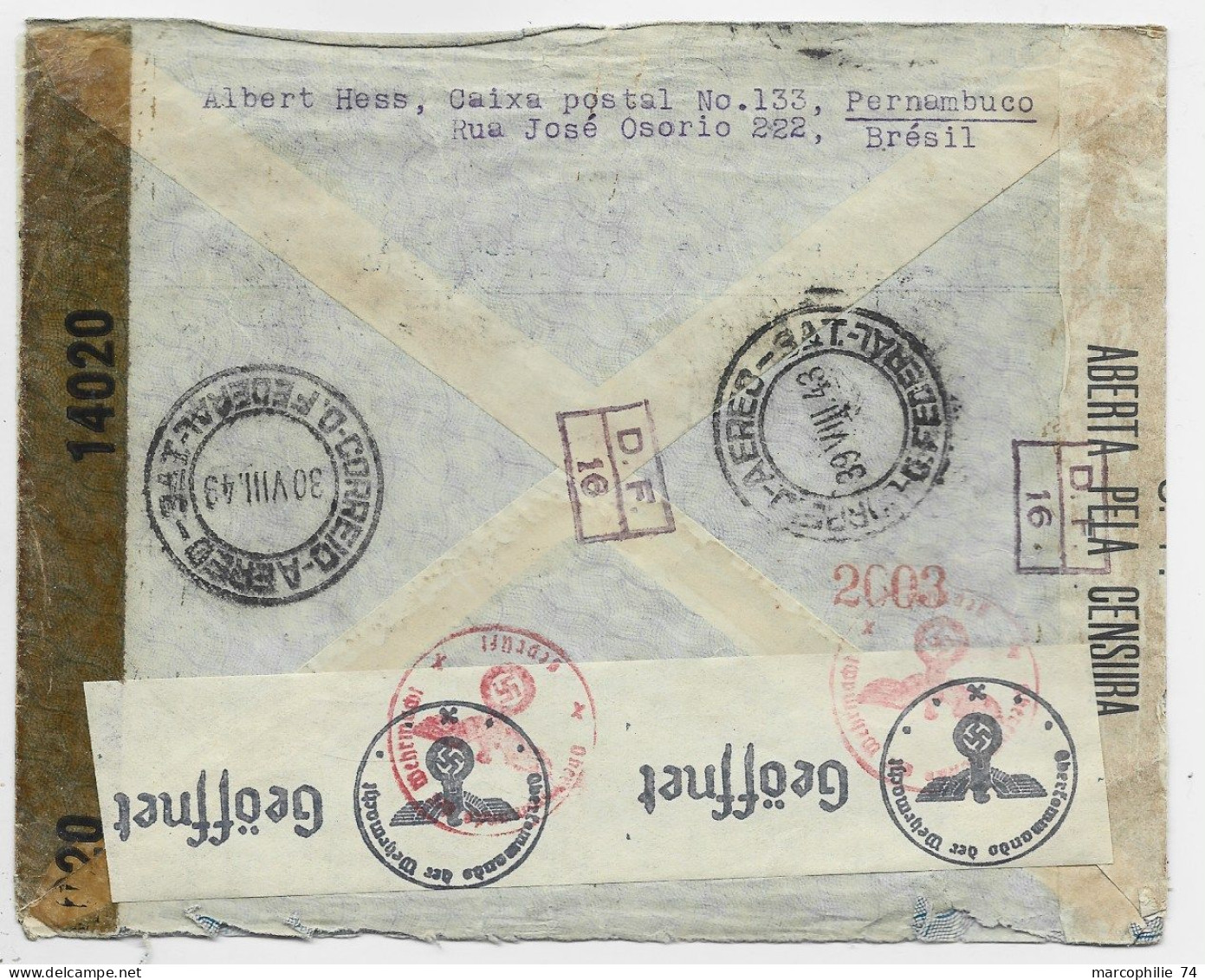 BRASIL BRESIL 400R+5.000 LETTRE COVER PERNAMBUCO 1943 TO SUISSE CENSURA + CENSOR + CENSURE NAZI - Lettres & Documents