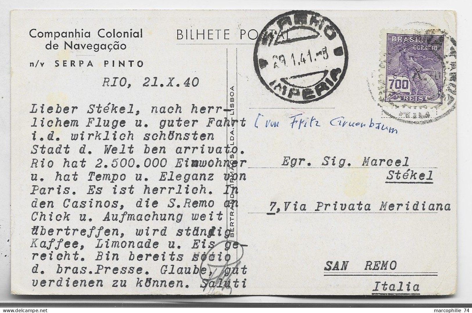 BRASIL BRESIL 700 REIS BILHETE POSTAL COMPANHIA COLONIAL NAVEGACAO 1941 TO SAN REMO ITALIA - Briefe U. Dokumente