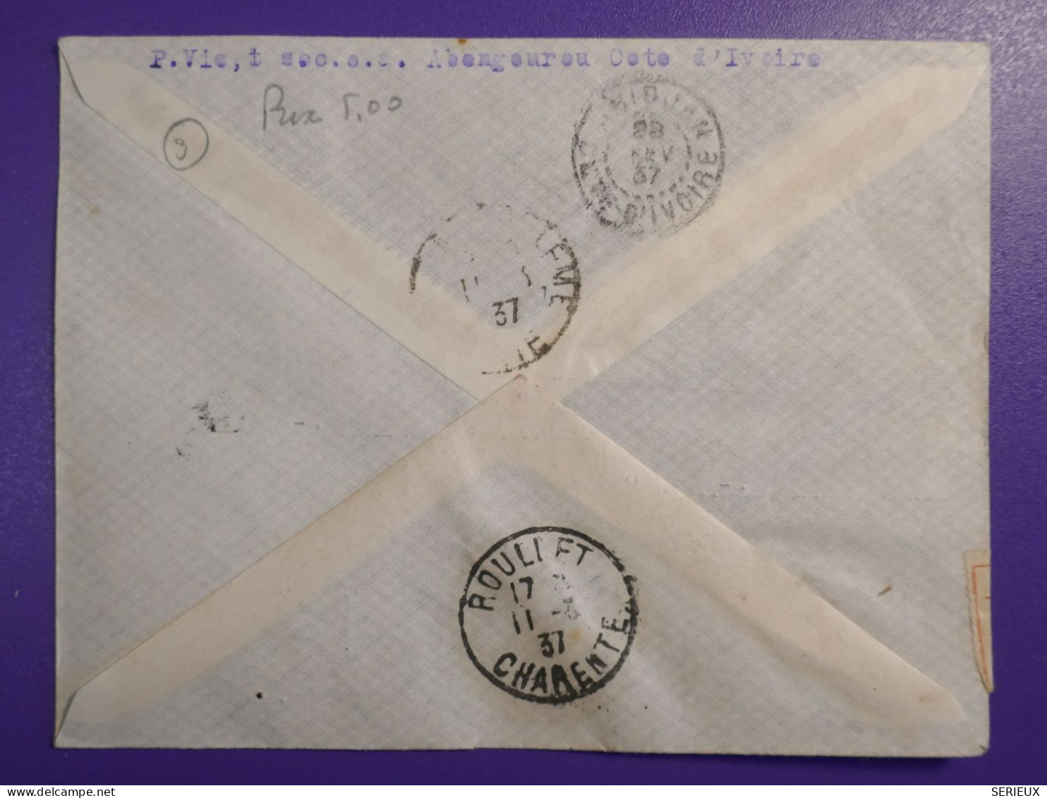 DM3 AOF   BELLE LETTRE  AERO 1937 PETIT BUREAU ABENGOUR A ST ESTEPHE  FRANCE +SURCHARGE+AFF.   INTERESSANT+ + - Covers & Documents