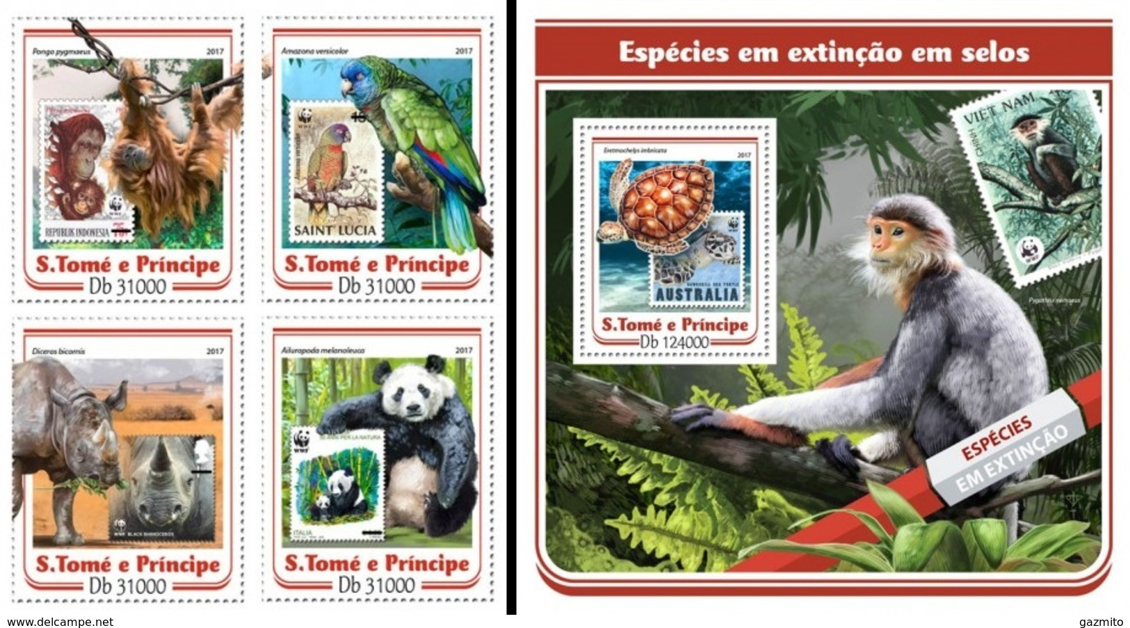 S. Tomè 2017, Stamp On Stamp, WWF, Gorillas, Parrots, Rhinos, Pandas, 4val In BF +BF - Unused Stamps