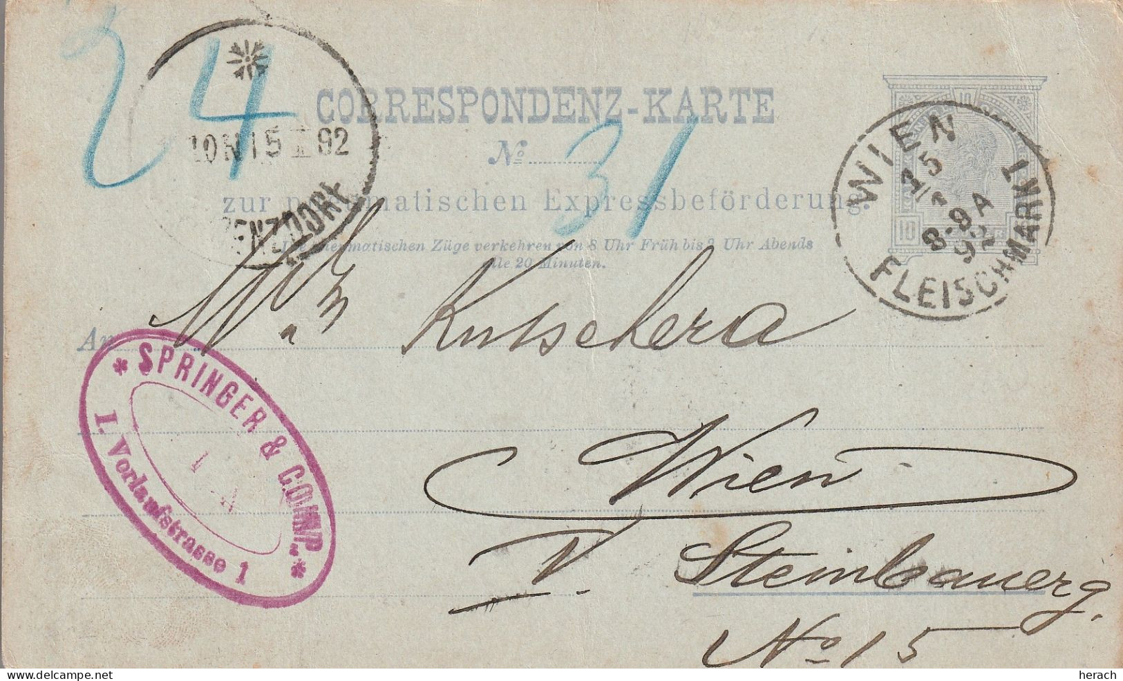 Autriche Entier Postal Pneumatique Wien 1892 - Cartes Postales