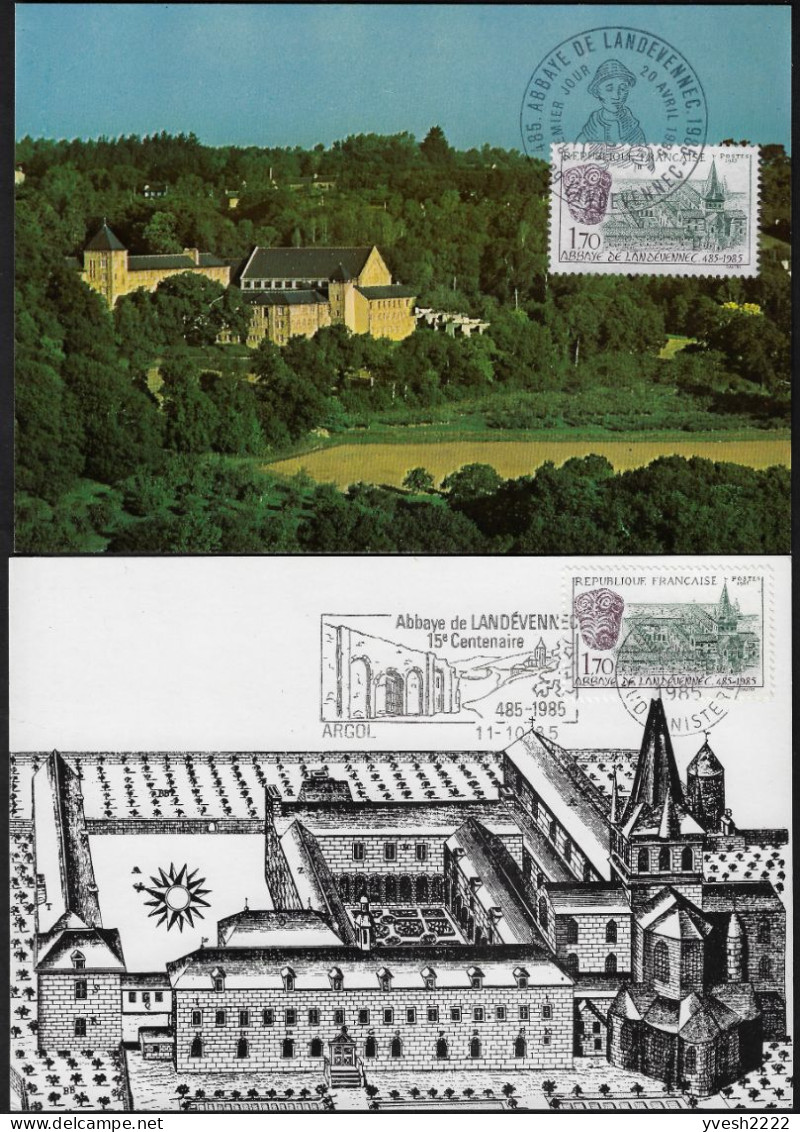 France 1985 Y&T 2349 Sur 2 Cartes Maxima. Abbaye Bénédictine Saint-Guénolé De Landévennec - Abadías Y Monasterios