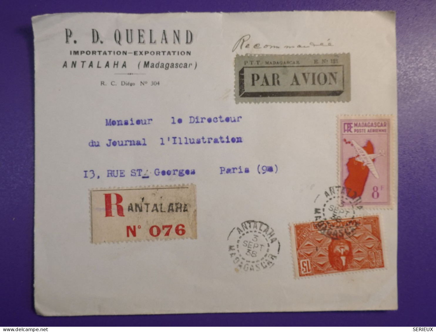 DM3 MADAGASCAR  BELLE LETTRE RECO 1938 ANTALAJA A ST GEORGE   FRANCE ++AFF.   INTERESSANT+ + - Covers & Documents