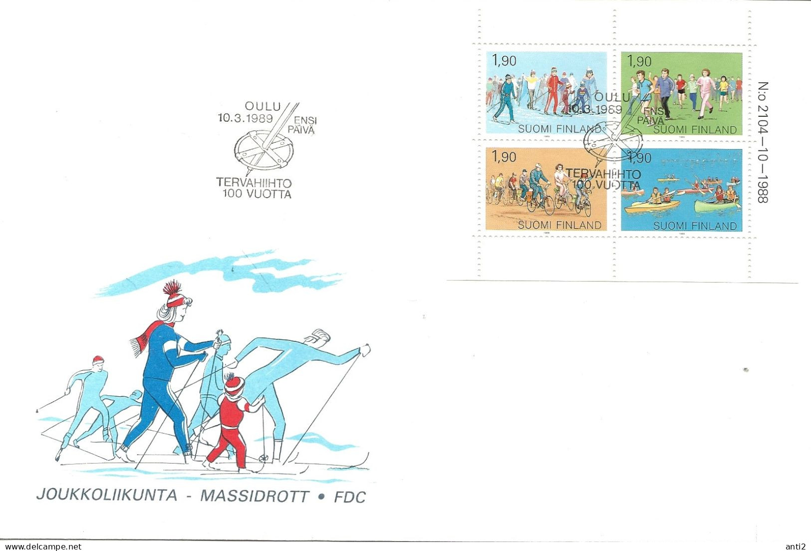 Finland   1989 Popular Sport, Cross-country Skiing, Public Run, Biking, Canoeing  Mi 1074-1077 FDC - Lettres & Documents